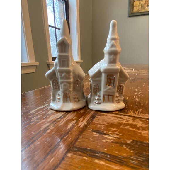 Vintage Ceramic Christmas Churches White and Gold - Picture 1 of 5